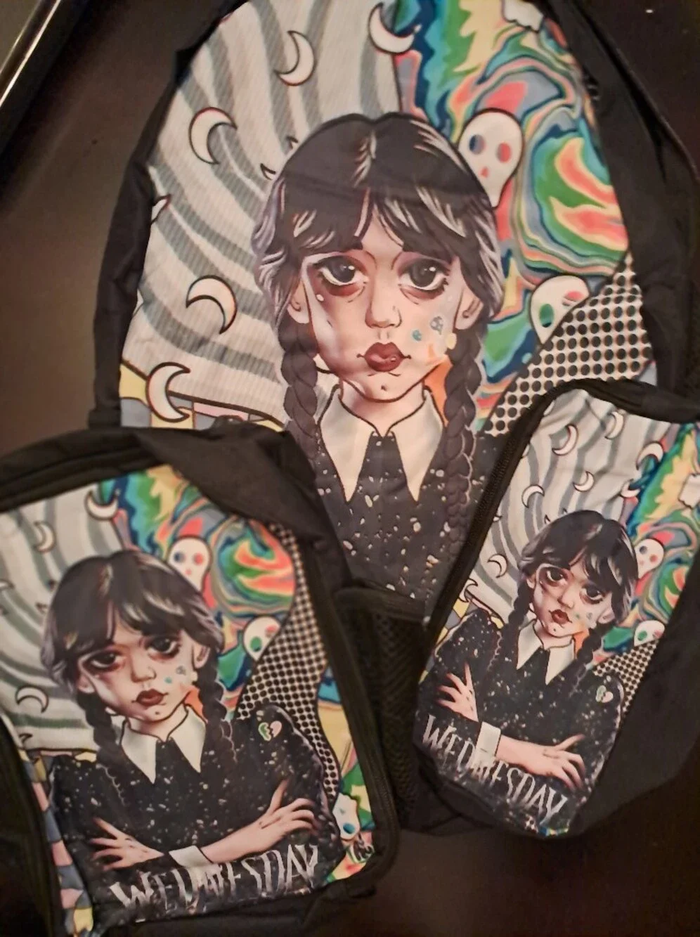 Kids Backpack Set with Black & Multicolor Wednesday-Inspired Graphic